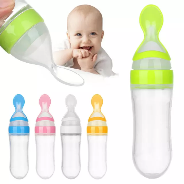 1Pc Baby Kids Silicone Squeeze Feeding Bottle With Spoon Food Rice Feeder 90ML