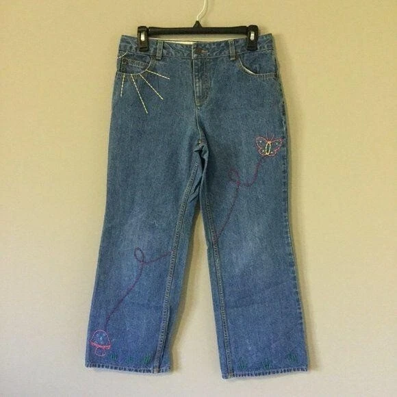 Lands' End Size 12 Embroidered Mushroom Butterfly Sun Bird Flower Jeans