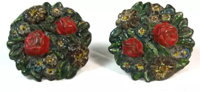 Antique Pair Heavy Cast Iron Victorian Flower Curtain Tie Backs 3" Dia. Hardware