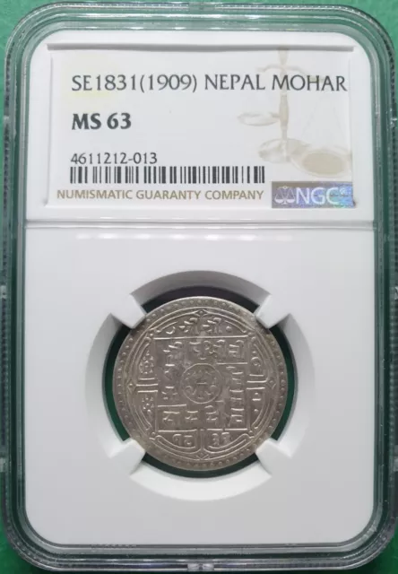 Se1831 (1909) Nepal 1 Mohar Silver Ngc Ms 63