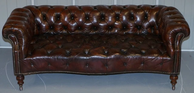Victorian Serpentine Hand Dyed Restored Whisky Brown Leather Chesterfield Sofa 2