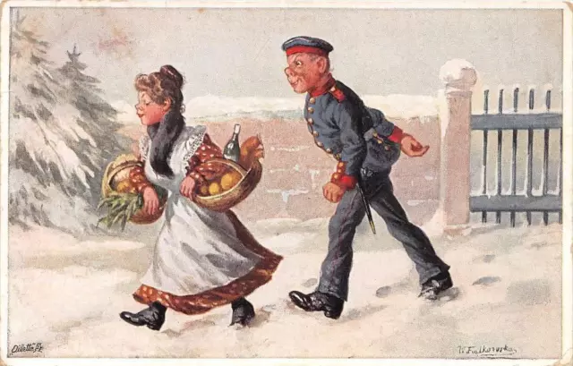 Cpa Illustrateur Dans Le Gout Anglais Homme Militaire Avec Femme