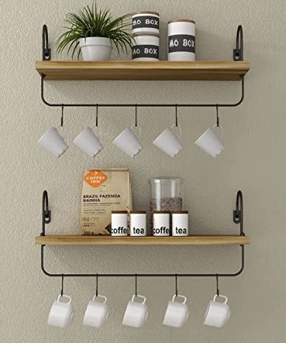 Floating Shelves with Hooks, Set of 2 Rustic Wall Mounted Wooden Decorative