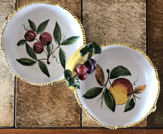 Vintage Italy Divided Serving Dish Bowl Fruit Plum Banana Majolica Hand painted