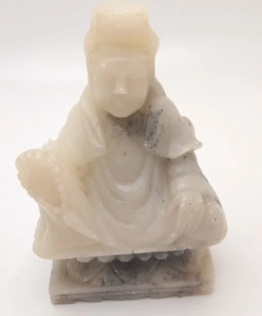 19C Chinese White Jade Carving Quan Kwan Yin Buddha 3.5"