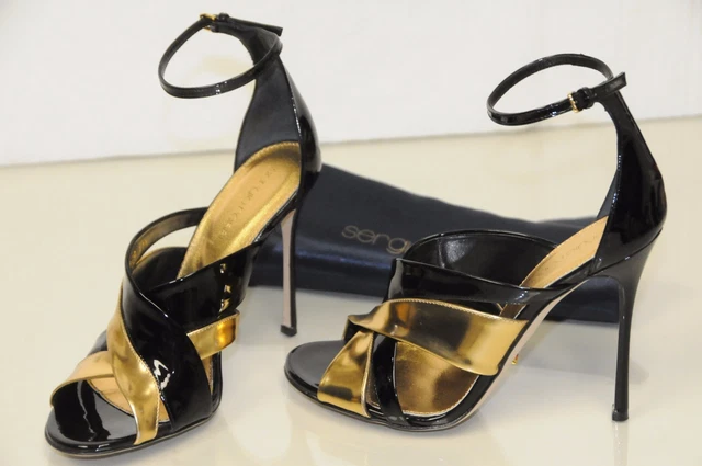 Neuf Sergio Rossi Or Cuir Verni Noir Sandales Talons Chaussures 40 et Sexy