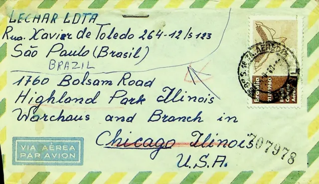 Sephil Brazil 1960 1v Luftpost Abdeckung Von Sao Paulo Sich Chicago USA