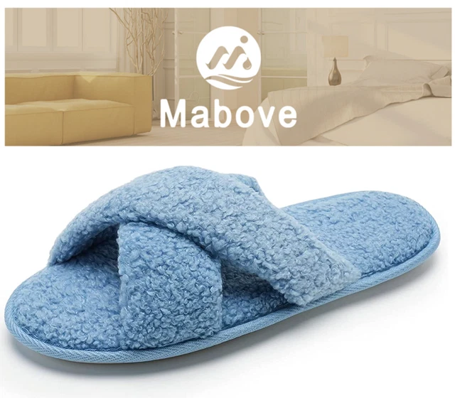 MABOVE WOMENS LADIES Fluffy Sliders Cross Faux Fur Slippers Open