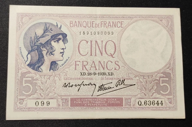 Billet France 5 Francs Femme Casquée 1917 (1933) F03.17 - P.57498 * NEUF UNC
