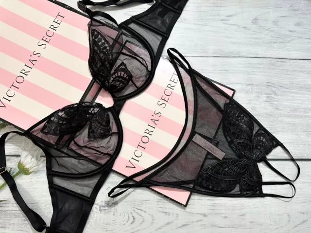 Victoria's Secret Luxe Unlined Butterfly Lace Balconette Bra Cheeky Set  Black