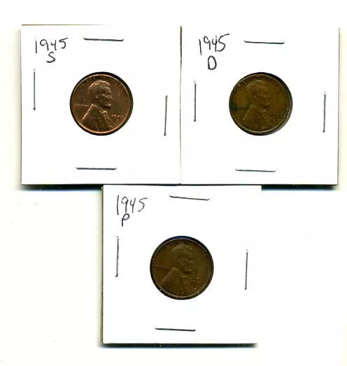 1945 P,D,S Wheat Pennies Lincoln Cents Circulated 2X2 Flips 3 Coin Pds Set#3208