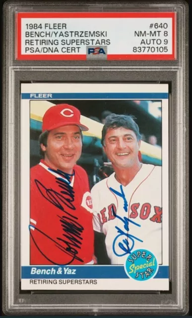 1984 Fleer JOHNNY BENCH CARL YASTRZEMSKI Signed Baseball Card PSA 8 DNA Auto 9