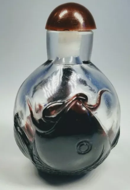 Antique 1920s Chinese Peking Glass Hand-Carved Fish Snuff Bottle