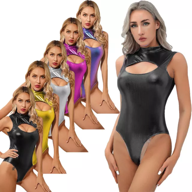 US Women's Metallic High Cut Thong Leotard Gym Cutout Front Bodysuit Swimsuit