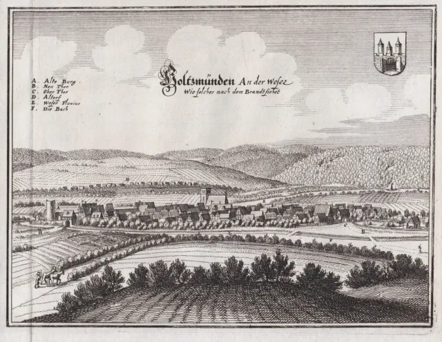 Holzminden Gesamtansicht Weser Brand Niedersachsen Merian Kupferstich 1650