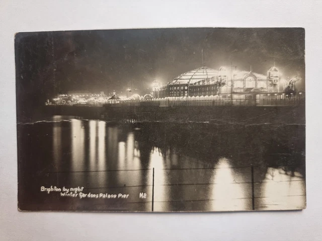 Brighton Postcard 1912 Posted Real Photo Winter Gardens Palace Pier Night Sussex