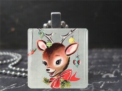 Kitsch Vintage Big Eyed Deer Art Necklace Retro Style Holiday Pendant Glass New 2