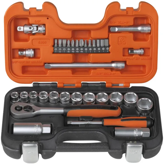 BAHCO 34 Piece S330 3/8" Metric/AF Socket Set & Ratchet + 1/4" Screwdriver Bits