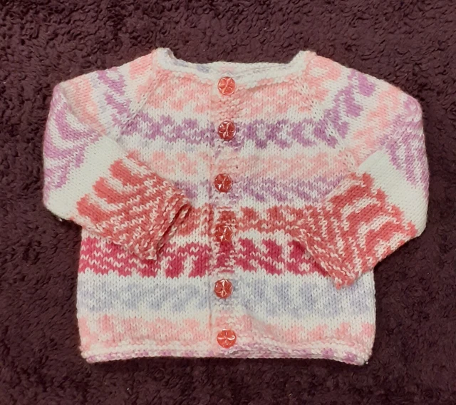 Hand knitted Baby Cardigan ~Pink and White ~ 3-6 months
