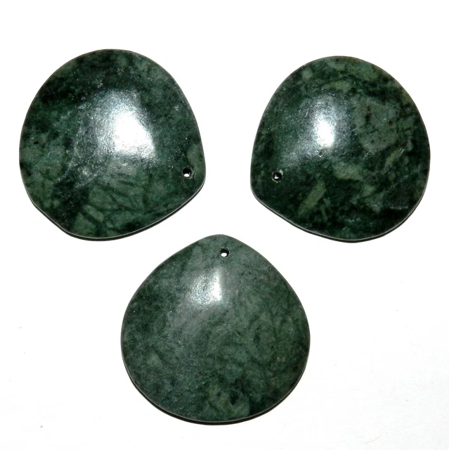 P2157 Dark Green Marble 40mm Flat Puff Teardrop Gemstone Pendant Bead 1pc