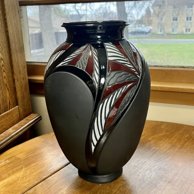 James Loso Art Studio Pottery Vase Geometric Incised Design  Black Red 15” Tall