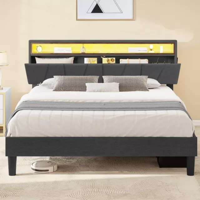 Queen Size Bed Frame w/ LED Headboard, Storage & Platform, Outlet, USB Ports