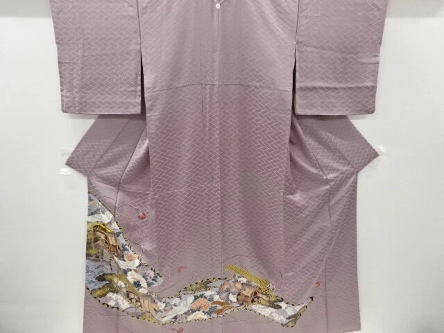 5339054: Japanese Kimono / Vintage Iro-Tomesode / Embroidery / Cranes & Carriage
