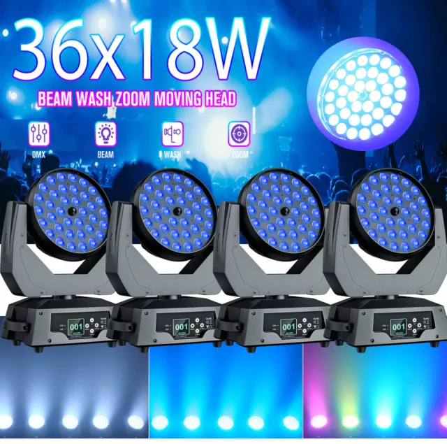 4x 36X18W 36 LED Zoom Beam Wash Moving Head RGBW DMX Bühnenlicht dj Party Show