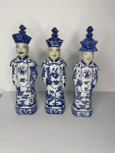 Set 3 Chinese Blue & White Porcelain Elders Figurines Ceramic Men Vintage Asian