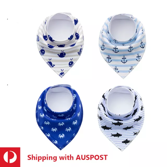 4pcs Cotton Baby Bib Set Kid Boy Girl Feeding Triangle Bandana Sea White Blue