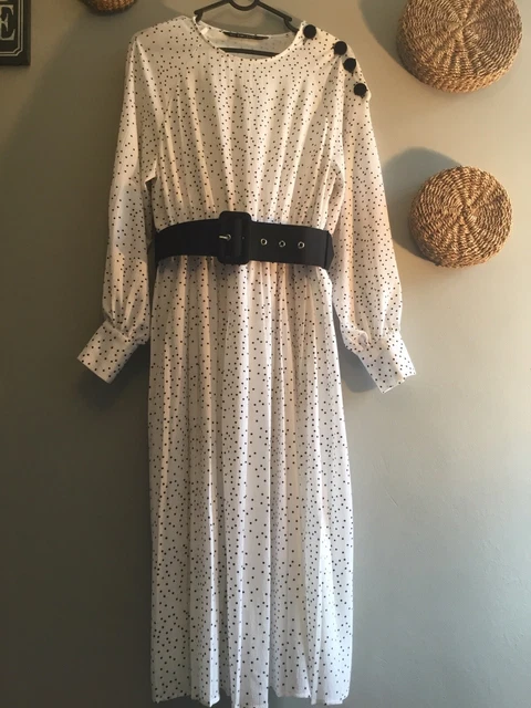 ZARA NEW POLKA Dot Pleated Midi Dress Whith Belt Size Xs 35.00 - PicClick  UK