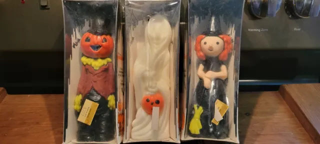 Vintage Halloween Suni Candles 3 Witch Scarecrow Ghost NEW UNUSED Set Lot MCM