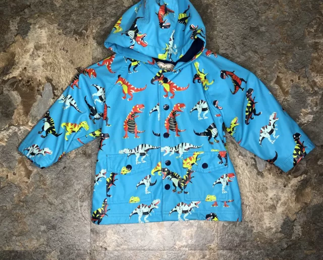 Hatley Kids Boys Size 2 Dinosaur Hooded Raincoat Blue Snap Button Lined