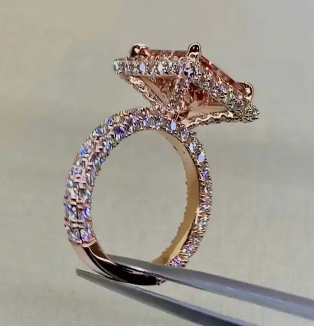 2.60Ct Princess Cut Morganite Flawless Halo Engagement Ring 14K Rose Gold Finish