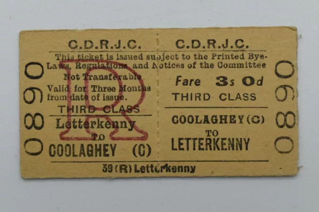 Irish - CDRJC Railway Ticket 0890 Coolaghey (C) to Letterkenny 3rd class