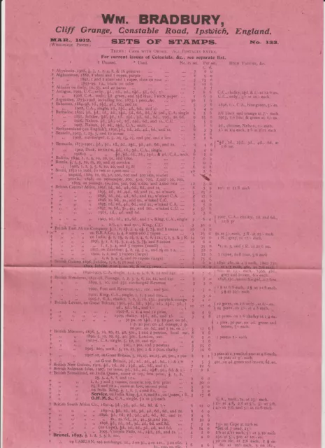 Colonial Stamps - Dealer " Wm. Bradbury " 1912 Sales Price List Sheet