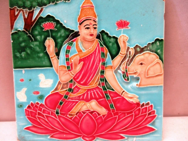 Ancien Carreau Céramique Porcelaine Laxmi Raja Ravi Varma Peinture Objet Collect 2