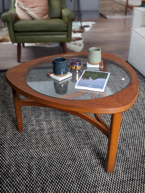 Mid-century Danish Teak Coffee Table Circular With Glass Unique Antique 68cm