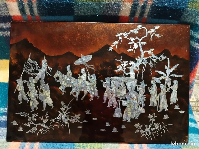 Tableau Chinois Vintage Nacre Et Coquillages – Fleurs Et Oiseaux 18x36 Cm