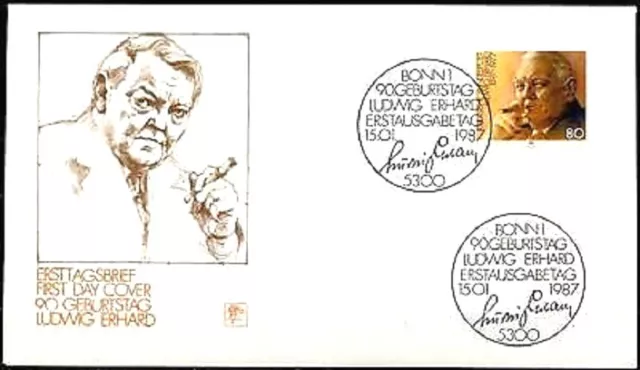 BRD 1987: Ludwig Erhard! FDC der Nr. 1308 mit Bonner Ersttagsstempeln! 20-12