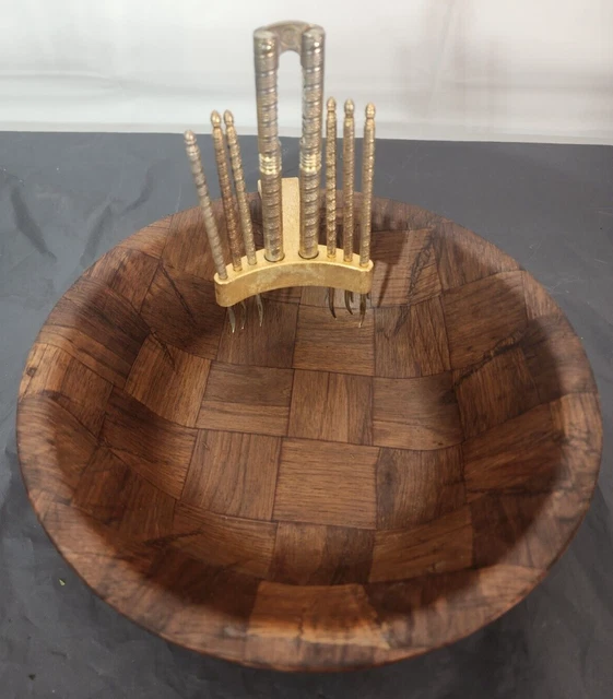 Vintage MCM WeaveWood Nut Bowl with Nut Cracker and 6 Nut Picks Set