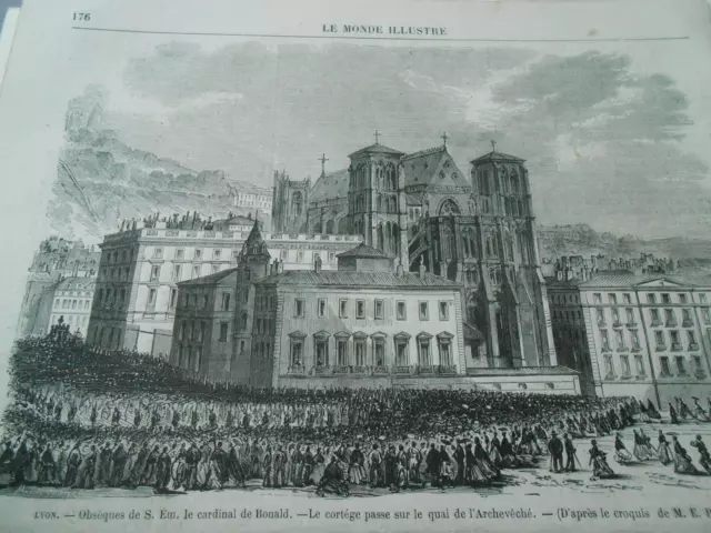 Gravure 1870 - Lyon Obsèques du Cardinal de Bonald le cortège quai Archevêché