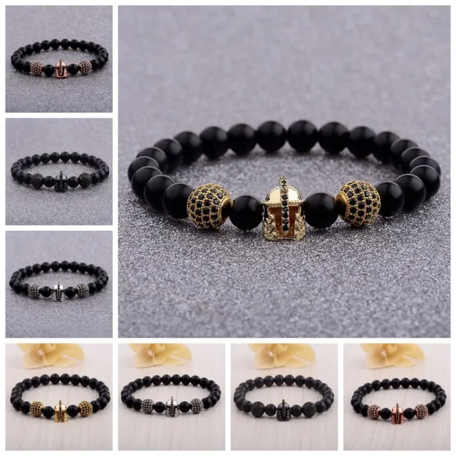 Men's Warrior Helmet Black Matte Agate Men's CZ Bead Gladiator Jewelry Bracelets