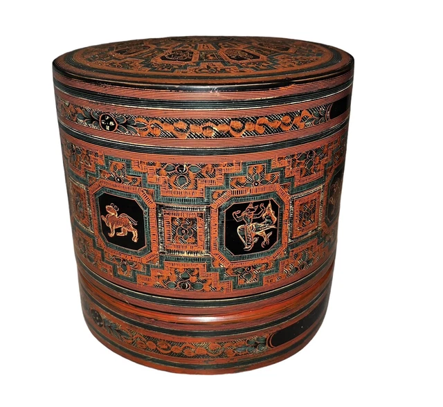 Burmese Lacquer Betel Nut Box 4 Pc Kunit Asian Antique Hand Painted Zodiac Burma
