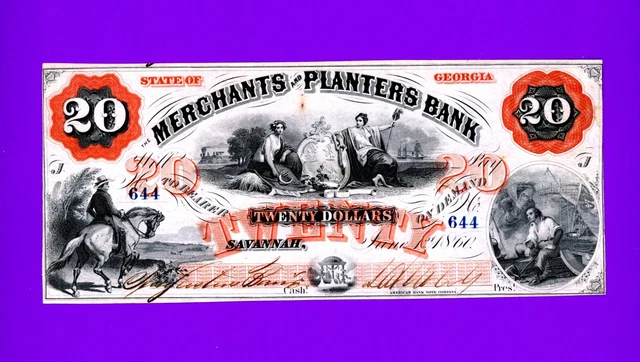 1864 $20 Piscatagua Planters Bank GA RARE CIVIL WAR CRISP HIGH GRADE NOTE S/N644
