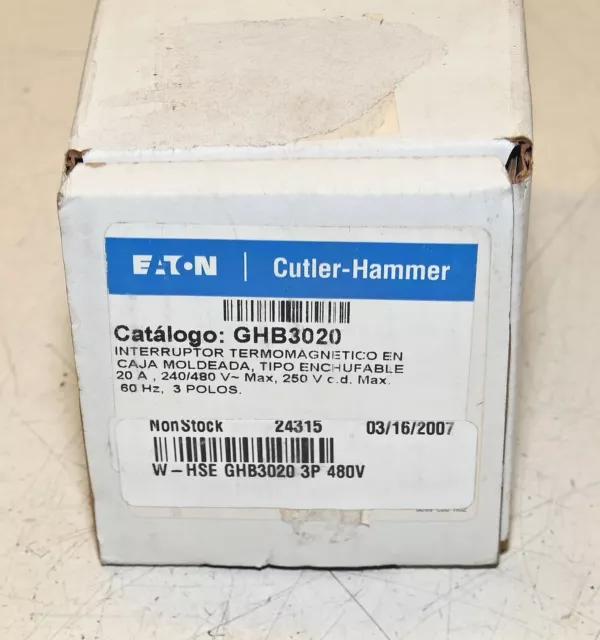 Ghb3020 Eaton Cutler Hammer 3P 20A New!