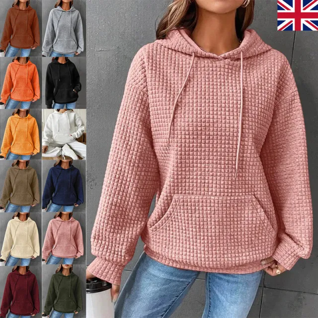 Women Waffle Long Sleeve Hoodie Tops Lady Casual Baggy Plain Hooded Sweatshirt *