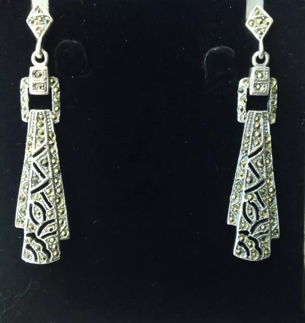 Art Deco 1920s Marcasite Long Fan Drop Dangle Earrings Sterling Silver Vintage