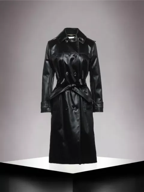 Faux Leather Double Breasted Belted Black Longline Trench Coat Nasty Gal  M NWT