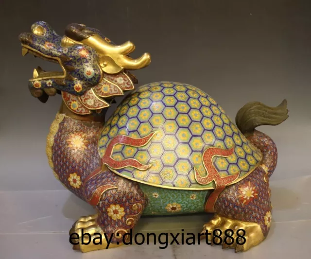 25" Chinese Bronze Cloisonne 24K Gold Dragon Tortoise Turtle Fengshui Sculpture